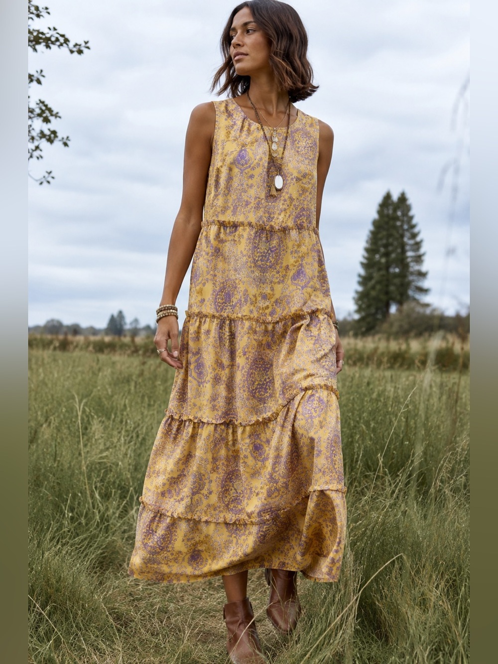 J. Jill NWT tiered pleated ruffle MAXI paisley dress yellow purple size 2X BOHO